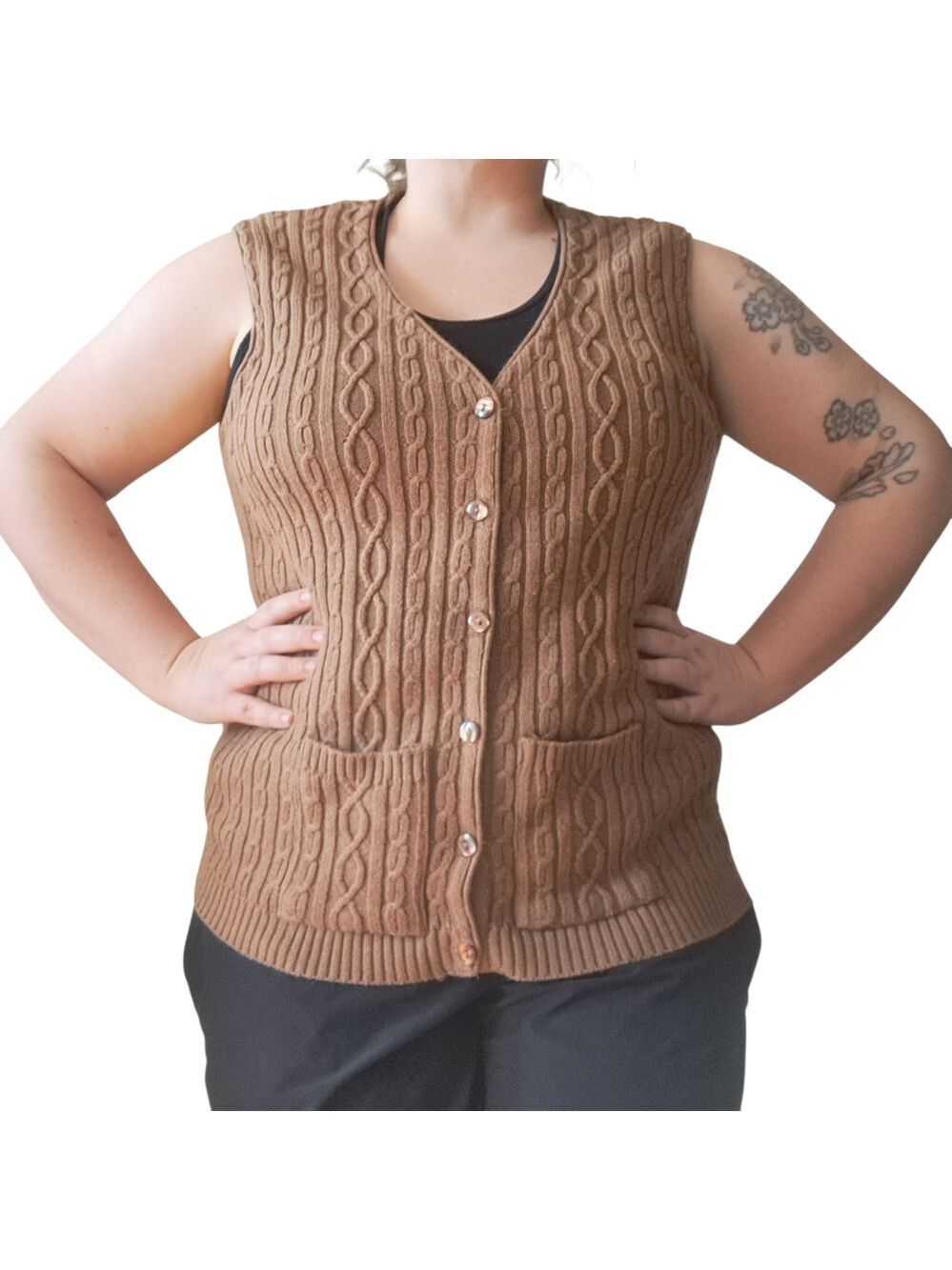 Vintage Excelsior 2X Cable Knit Cardigan Sweater Brown Tan